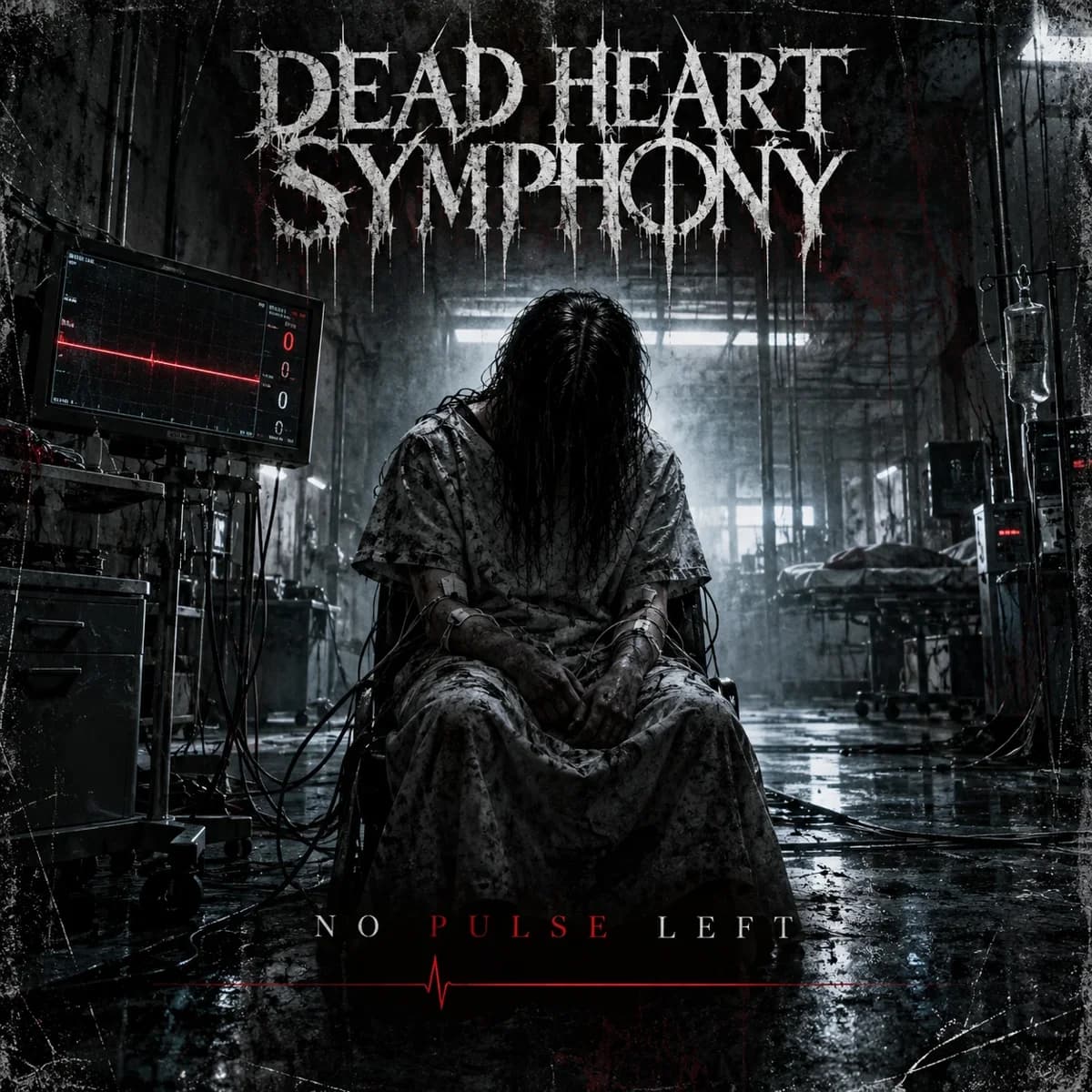 NO PULSE LEFT artwork by Dead Heart Symphony: a seated figure in an abandoned hospital with a red heart monitor